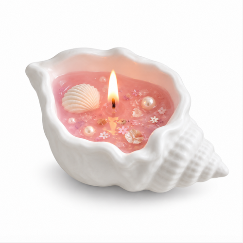 White Peach Oolong Seashell Scented Candle – Pink Decorative Home Fragrance Candle with Pearl & Ocean-Inspired Accents