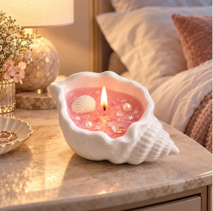 White Peach Oolong Seashell Scented Candle – Pink Decorative Home Fragrance Candle with Pearl & Ocean-Inspired Accents