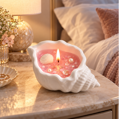 White Peach Oolong Seashell Scented Candle – Pink Decorative Home Fragrance Candle with Pearl & Ocean-Inspired Accents