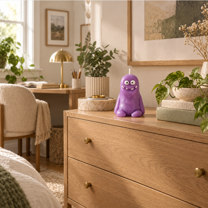 Purple Surprised Monster Scented Candle – Velvet Rose & Ebony Decorative Candle for Home Decor & Gifts
