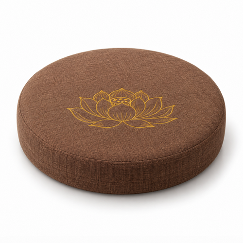 Brown Lotus Embroidered Meditation Cushion – Round Floor Pillow for Yoga, Mindfulness & Relaxing Home Décor