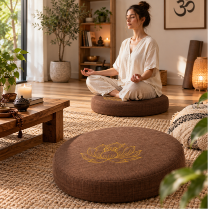 Brown Lotus Embroidered Meditation Cushion – Round Floor Pillow for Yoga, Mindfulness & Relaxing Home Décor