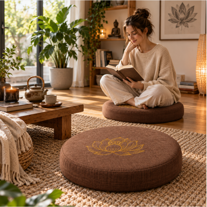 Brown Lotus Embroidered Meditation Cushion – Round Floor Pillow for Yoga, Mindfulness & Relaxing Home Décor