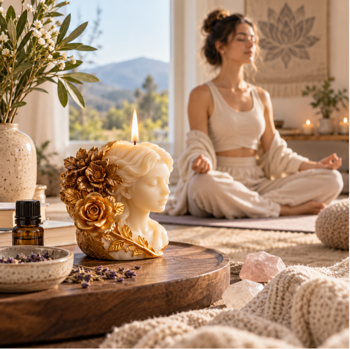 Meditation Goddess Scented Candle – Elegant Floral Bust Candle for Mindfulness, Relaxation, Yoga & Zen Home Décor