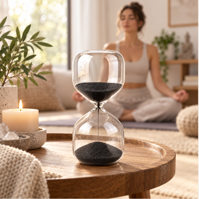 Meditation Hourglass Timer – Minimalist Black Sand Glass for Mindfulness, Breathing, Yoga & Zen Relaxation